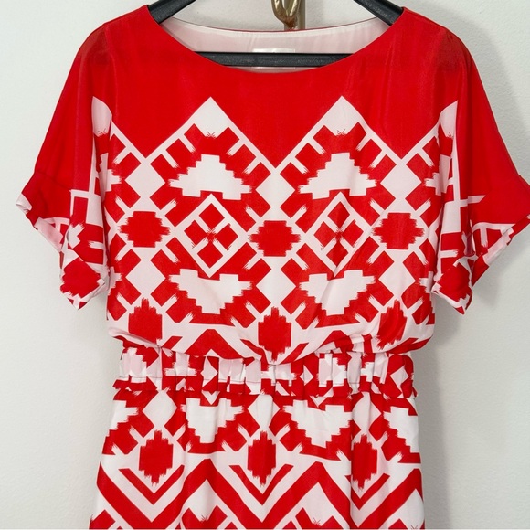 NWOT Eliza J Aztec Pattern Round Neck Batwing Sleeve Pleated Waist Shift Dress 4 - Picture 3 of 12